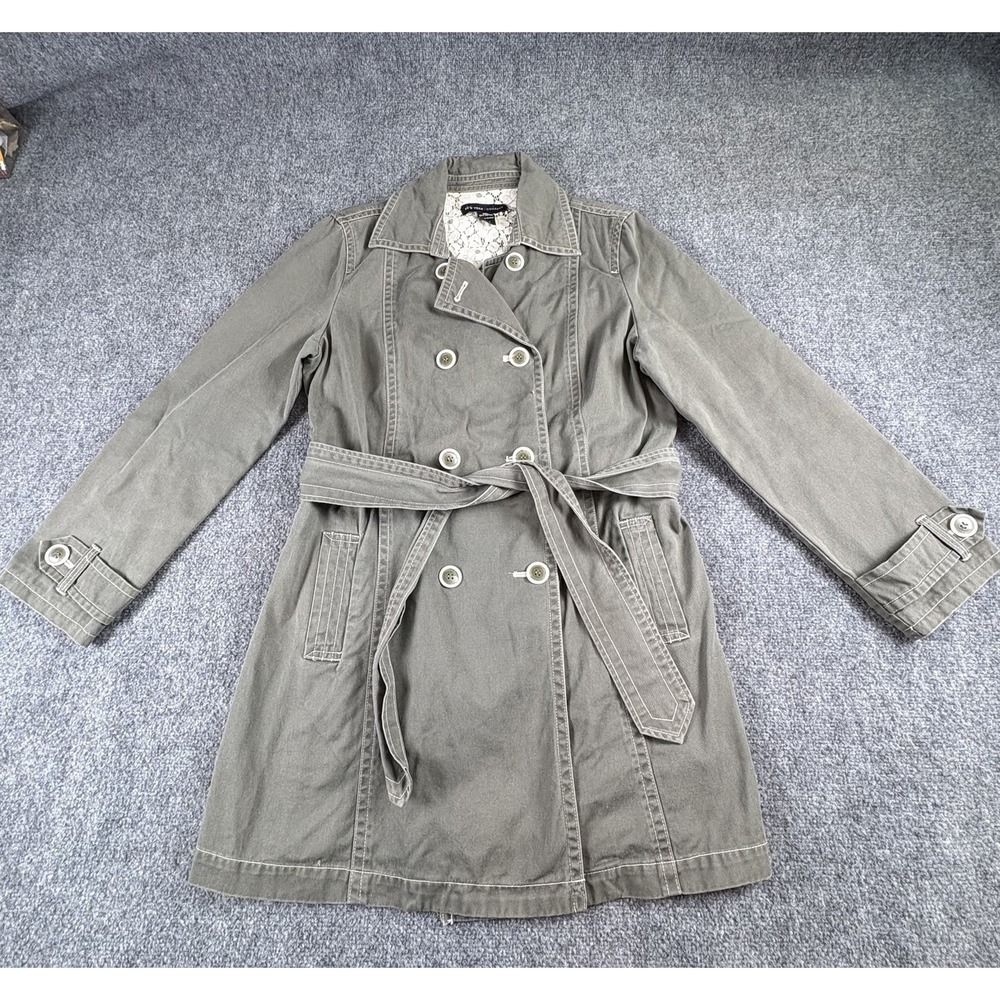 New York & Co Trench Coat Women's L Khaki Green Belted Double Breasted Preppy